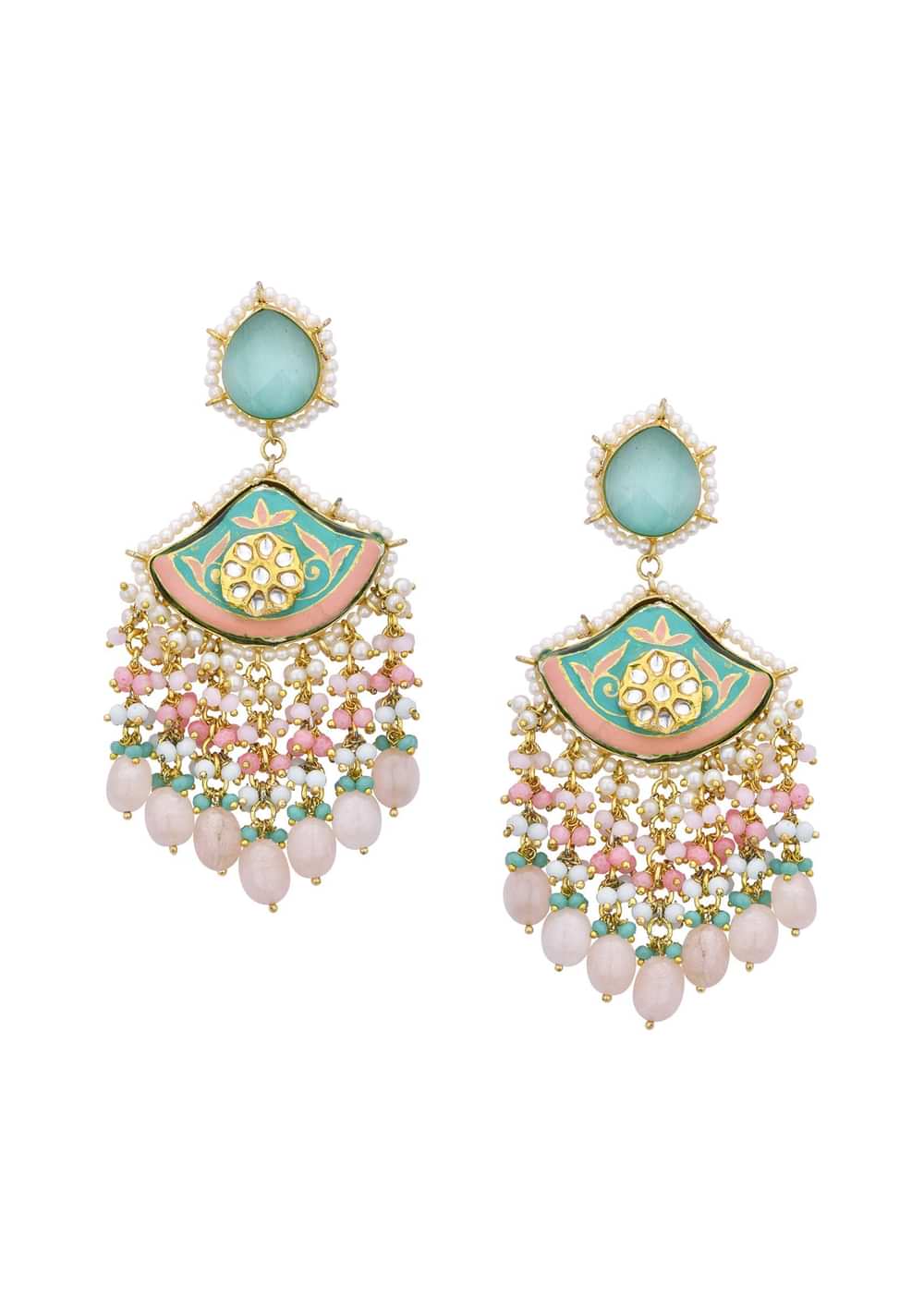 Blue Enameled Danglers With Pink Bead Drops And Kundan