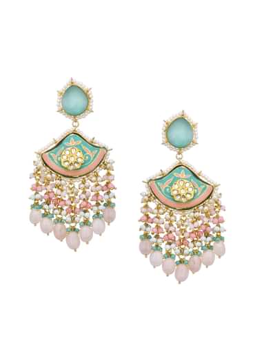 Blue Enameled Danglers With Pink Bead Drops And Kundan