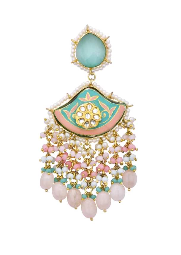 Blue Enameled Danglers With Pink Bead Drops And Kundan Blue Enameled Danglers With Pink Bead Drops And Kundan