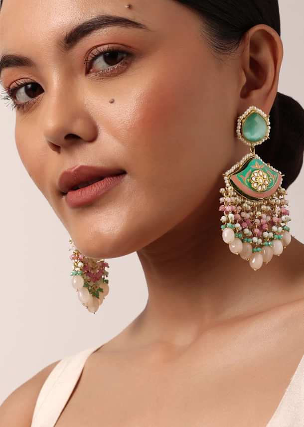 Blue Enameled Danglers With Pink Bead Drops And Kundan Blue Enameled Danglers With Pink Bead Drops And Kundan
