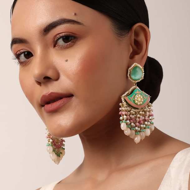 Blue Enameled Danglers With Pink Bead Drops And Kundan Blue Enameled Danglers With Pink Bead Drops And Kundan