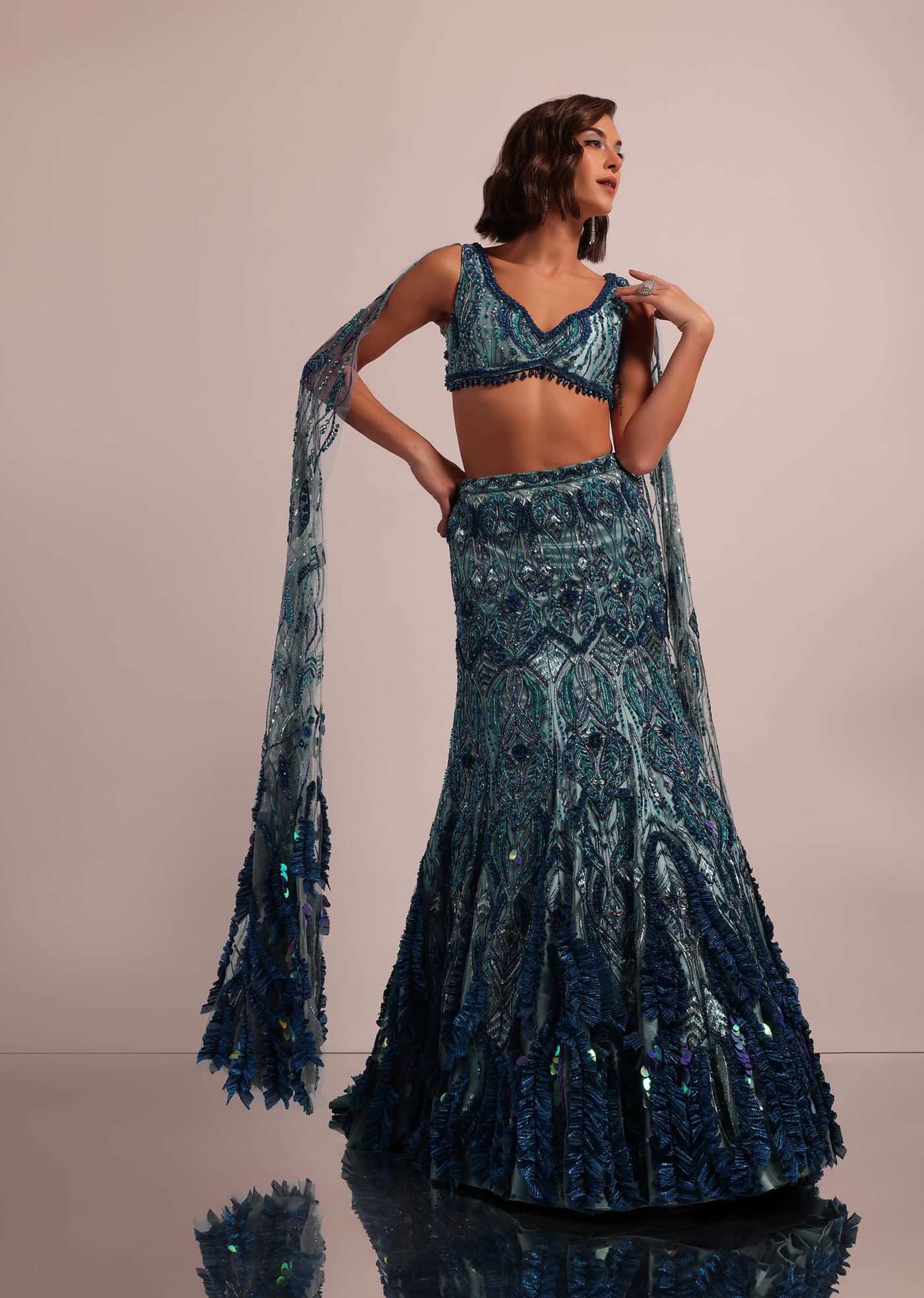 Blue Fish Cut Bridal Lehenga Set With Long Trail Sleeves And Heavy Embroidery