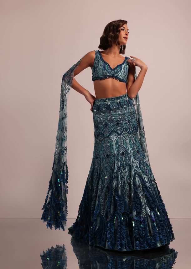 Blue Fish Cut Bridal Lehenga Set With Long Trail Sleeves And Heavy Embroidery