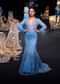 Blue Fish Cut Ombre Trail Embroidered Gown