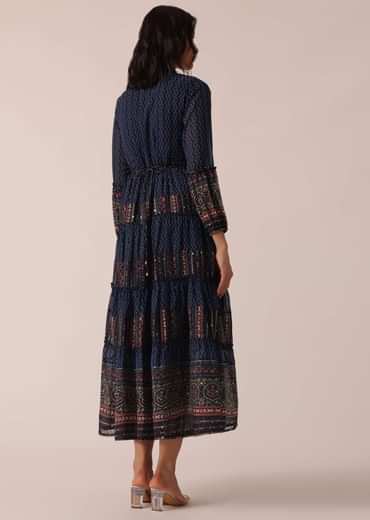 Blue Flared Kurti With Printed Detail And Belt