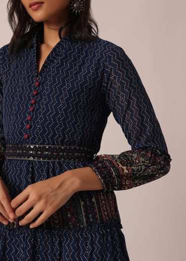 Blue Flared Kurti With Printed Detail And Belt
