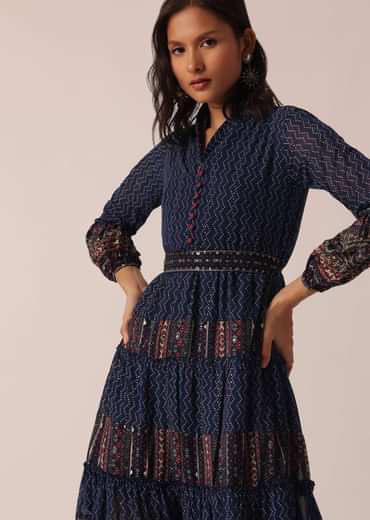 Blue Flared Kurti With Printed Detail And Belt