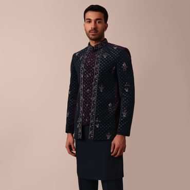 Blue Floral Embroidered Indowestern For Men