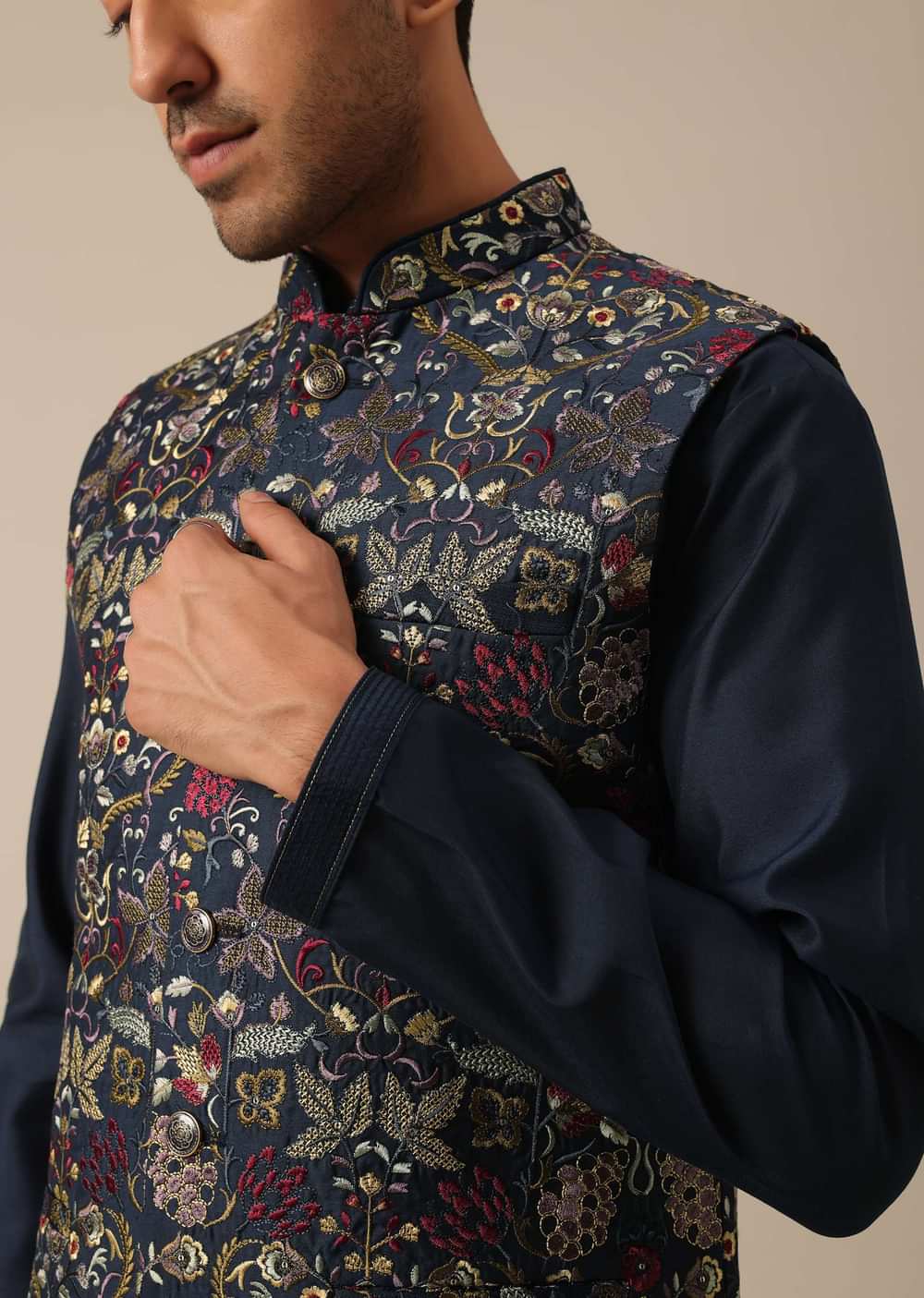 Blue Floral Motif Jacket And Kurta Set