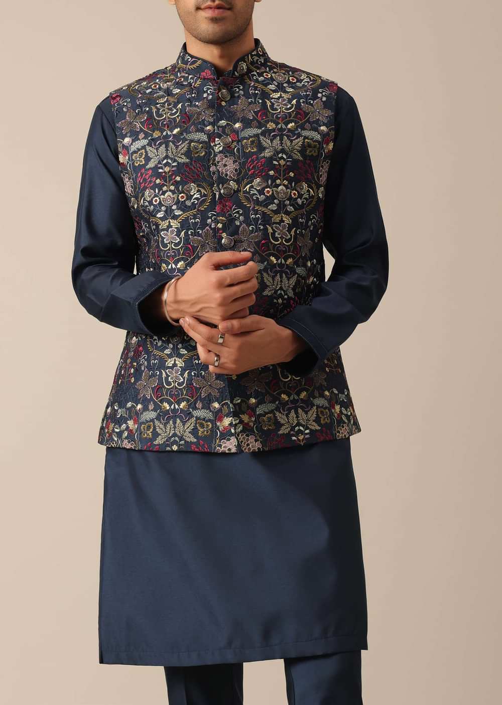 Blue Floral Motif Jacket And Kurta Set