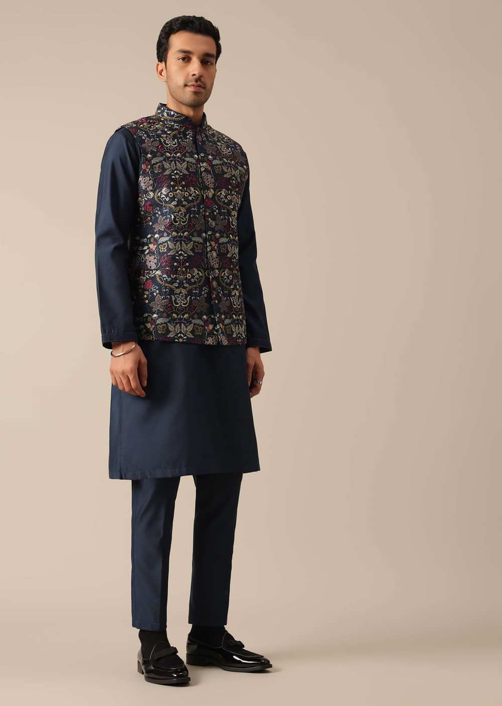 Blue Floral Motif Jacket And Kurta Set