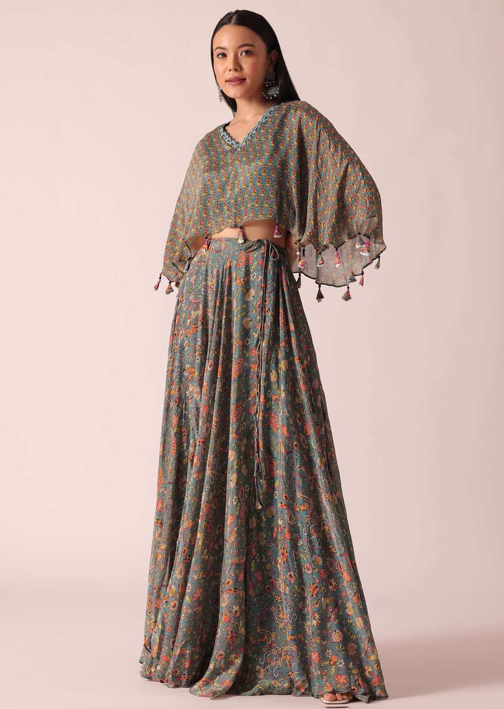 Blue Floral Print Crop Top And Lehenga Set