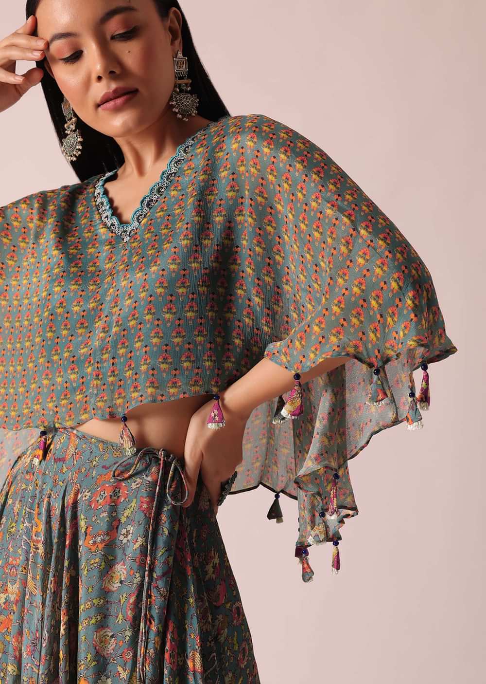 Blue Floral Print Crop Top And Lehenga Set