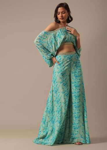 Blue Floral Print Crop Top And Palazzo Set