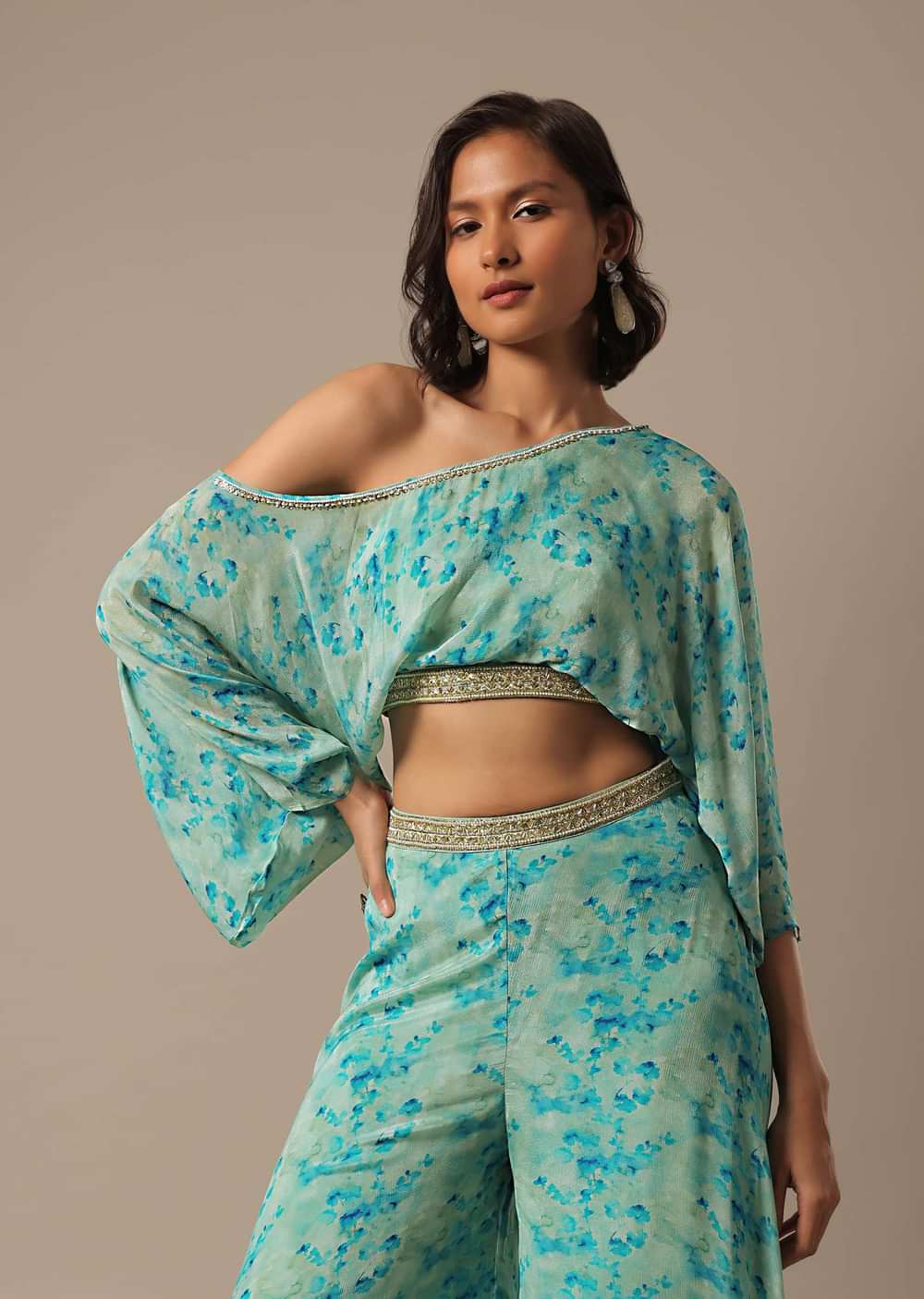Blue Floral Print Crop Top And Palazzo Set