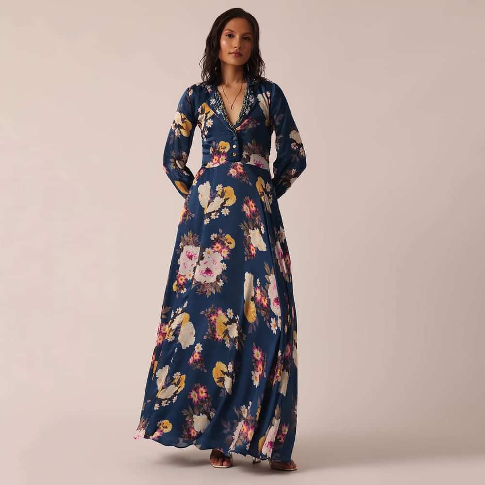 Blue Floral Print Gown With Sequin Work