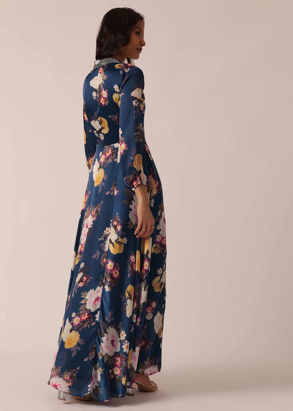 Blue Floral Print Gown With Sequin Work