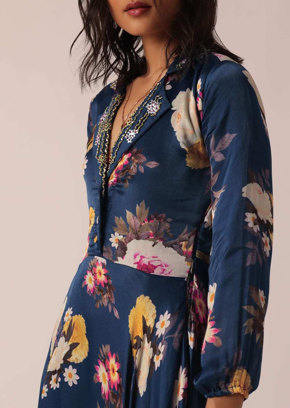Blue Floral Print Gown With Sequin Work