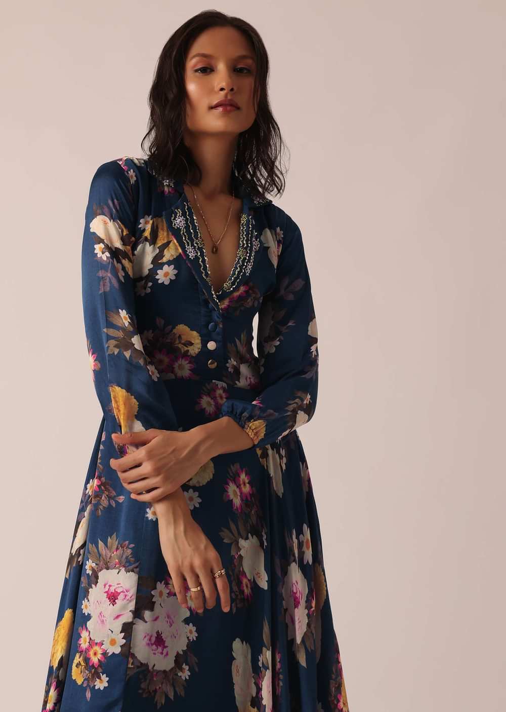 Blue Floral Print Gown With Sequin Work