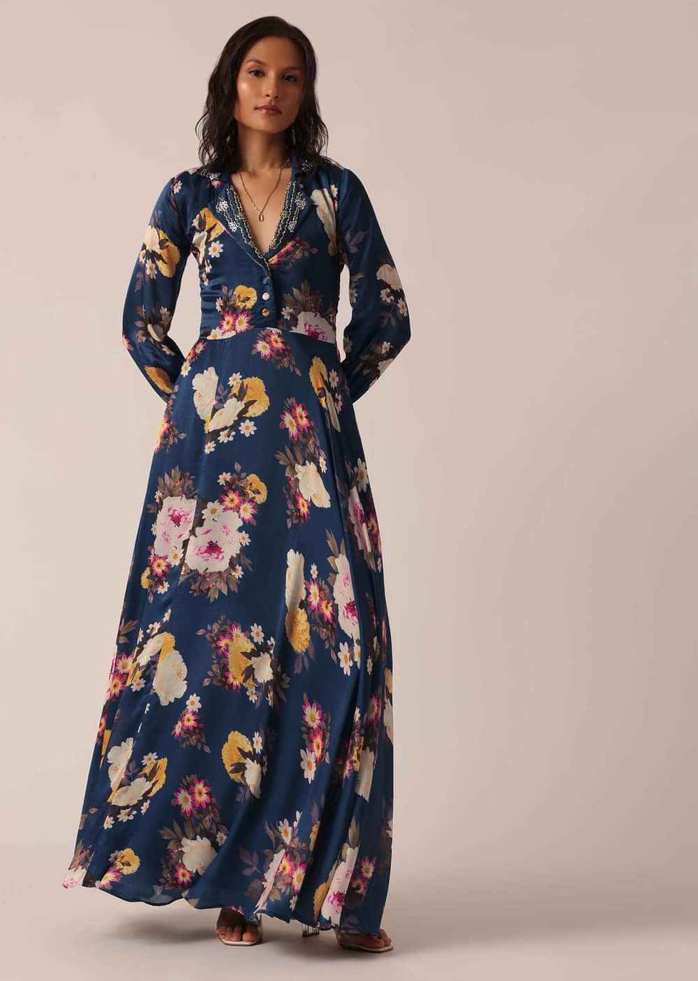 Blue Floral Print Gown With Sequin Work
