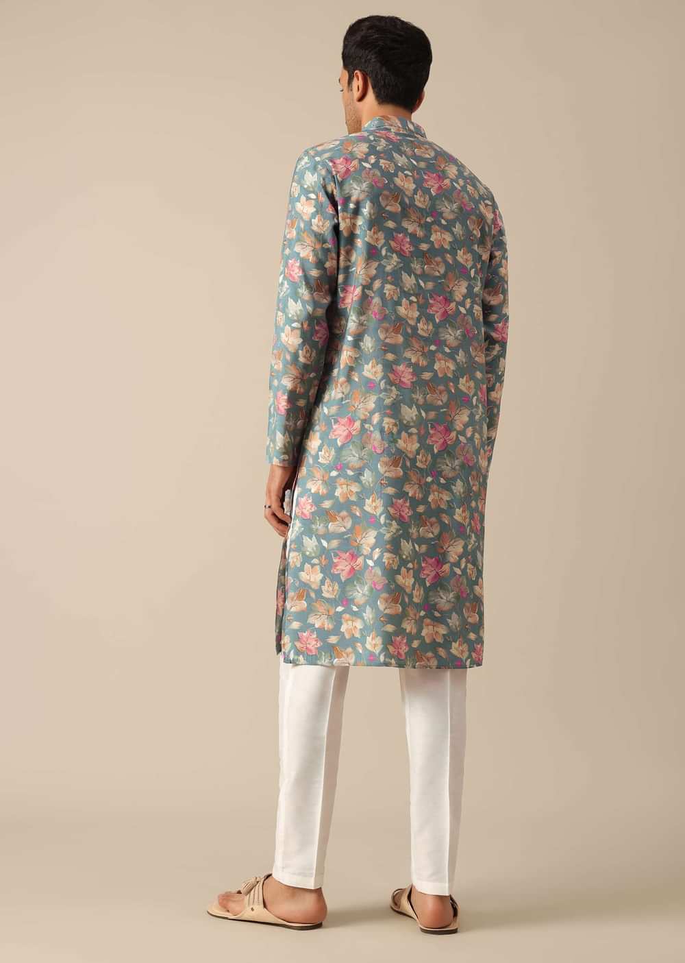 Blue Floral Print Kurta And Pant Set In Viscose Silk