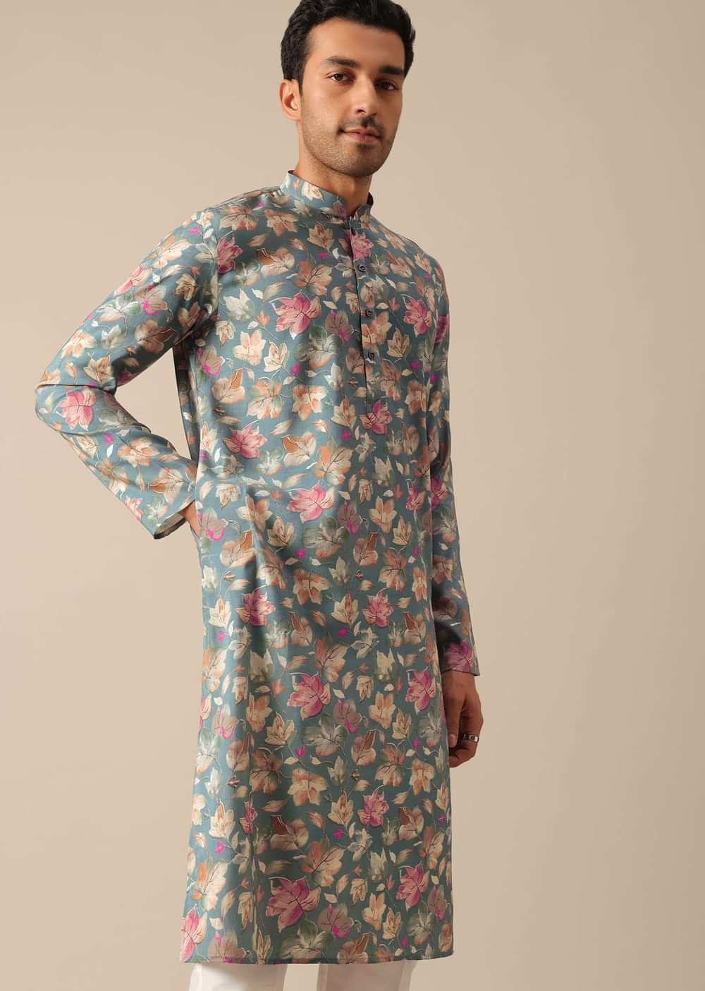Blue Floral Print Kurta And Pant Set In Viscose Silk
