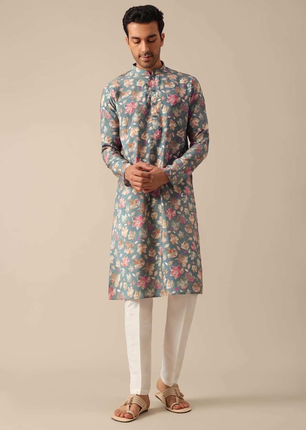 Blue Floral Print Kurta And Pant Set In Viscose Silk