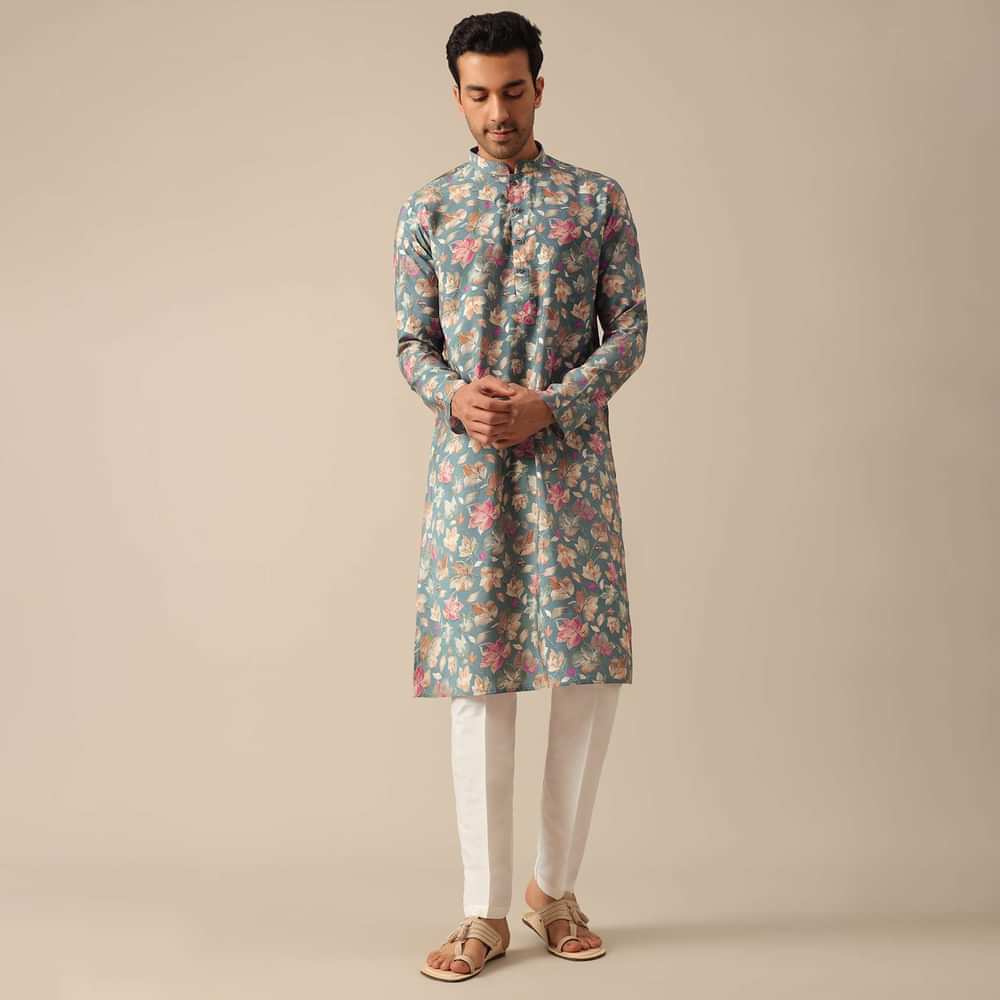 Blue Floral Print Kurta And Pant Set In Viscose Silk