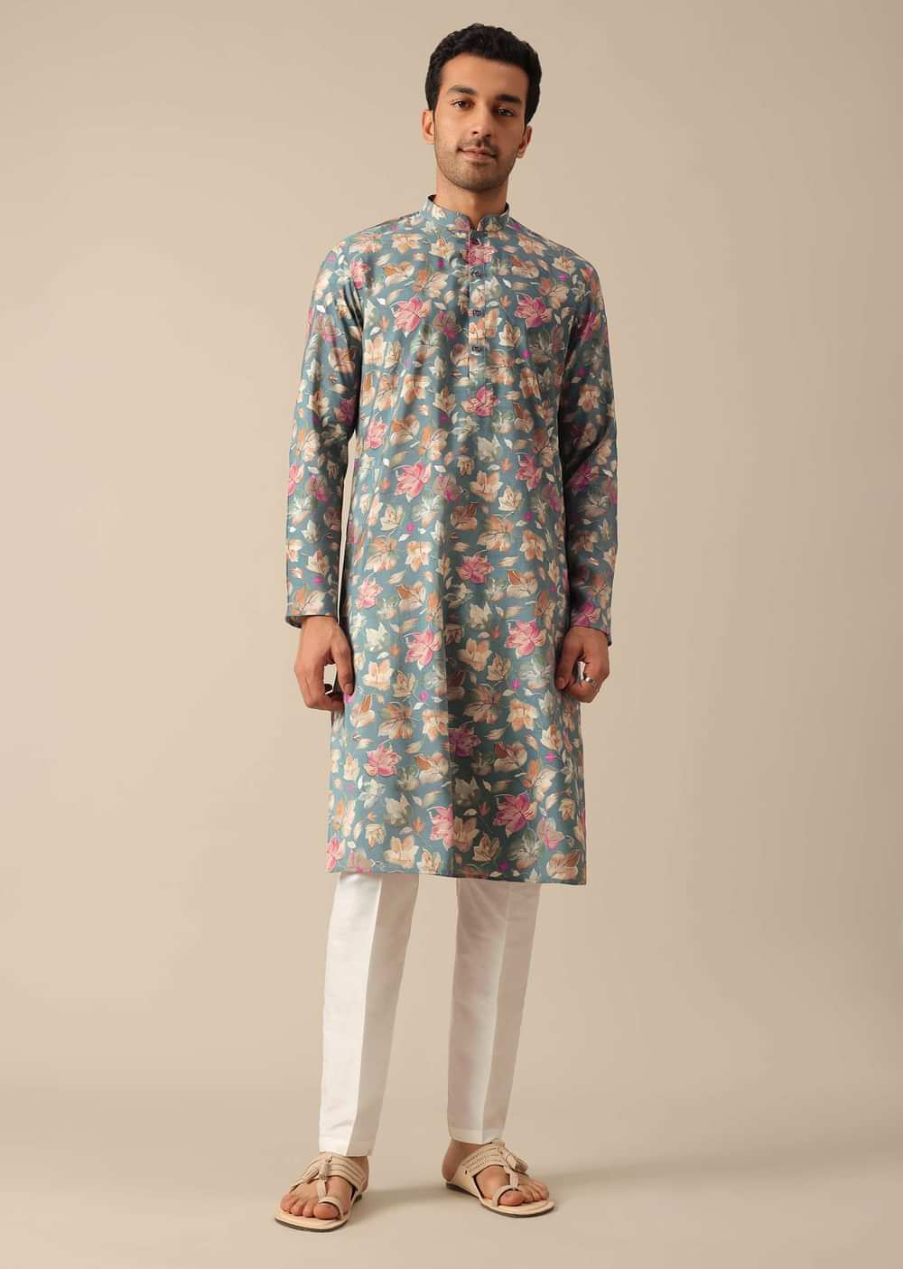 Blue Floral Print Kurta And Pant Set In Viscose Silk