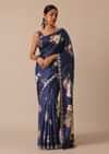 Blue Floral Print Tussar Silk Saree With Unstitched Blouse Piece
