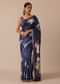 Blue Floral Print Tussar Silk Saree With Unstitched Blouse Piece