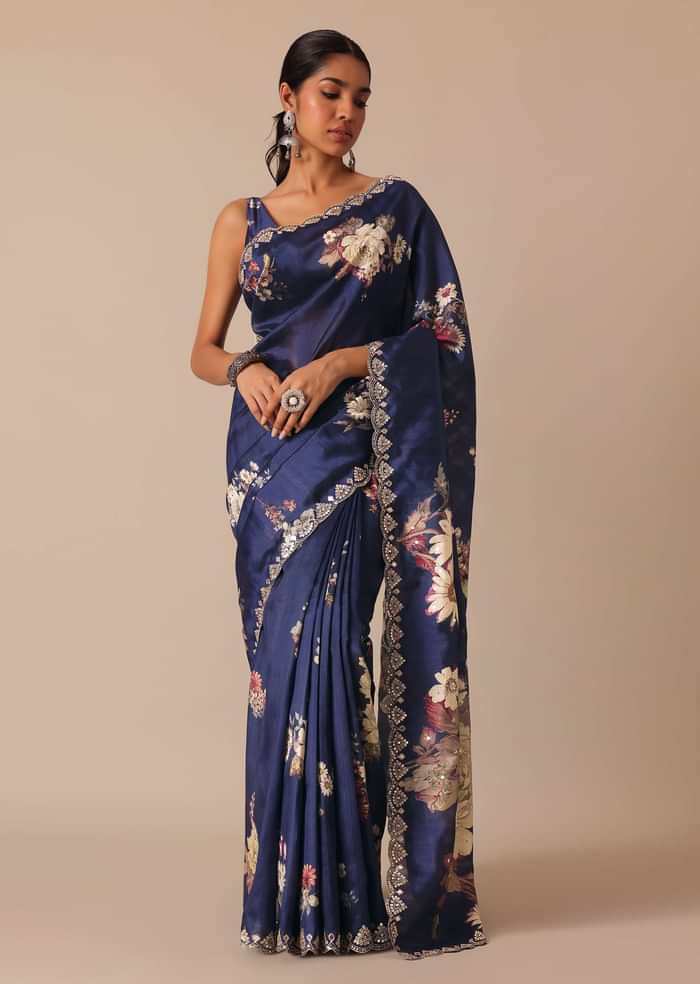 Blue Floral Print Tussar Silk Saree With Unstitched Blouse Piece
