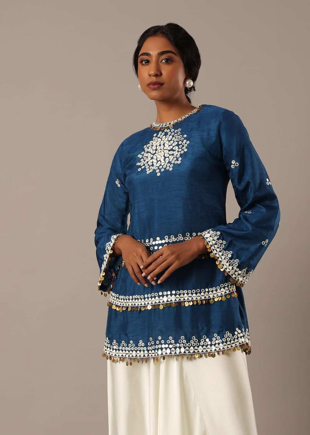 Blue Foil Mirror Worked Kurta And Dhoti Set