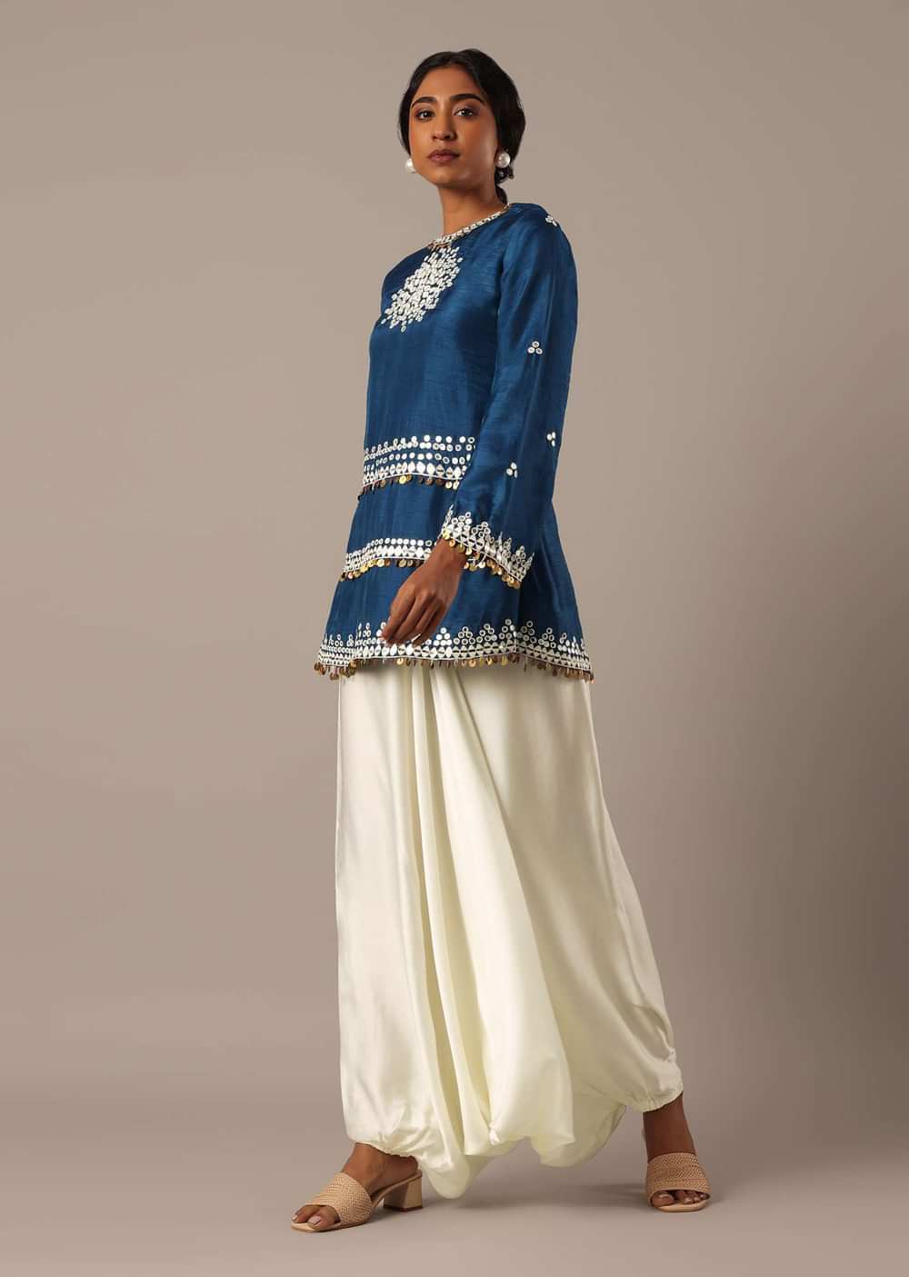Blue Foil Mirror Worked Kurta And Dhoti Set
