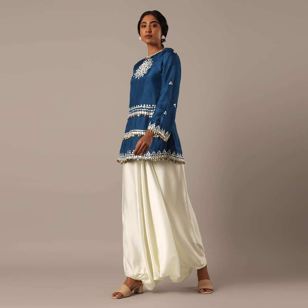 Blue Foil Mirror Worked Kurta And Dhoti Set