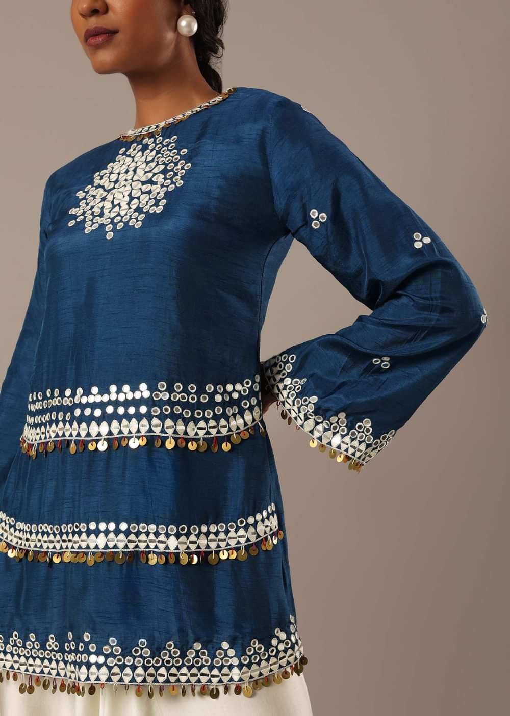Blue Foil Mirror Worked Kurta And Dhoti Set
