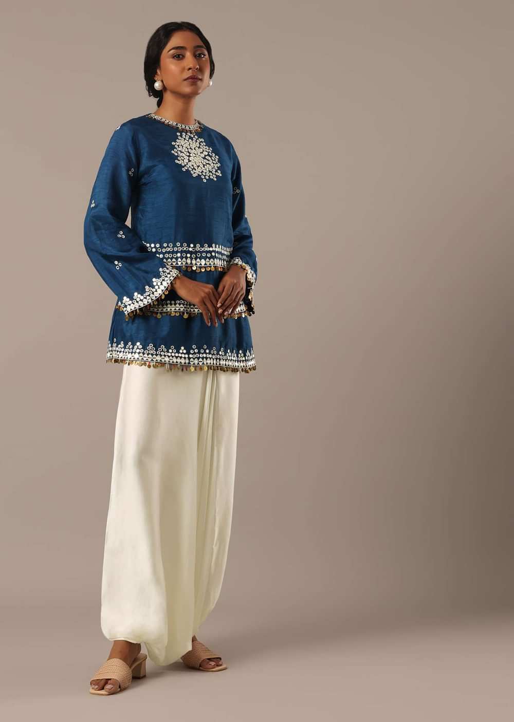 Blue Foil Mirror Worked Kurta And Dhoti Set