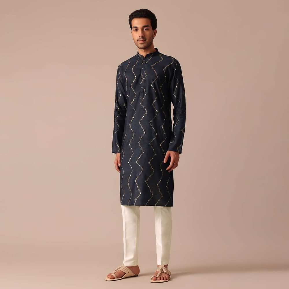 Blue Foil Print Kurta Set With Zig Zag Embroidery
