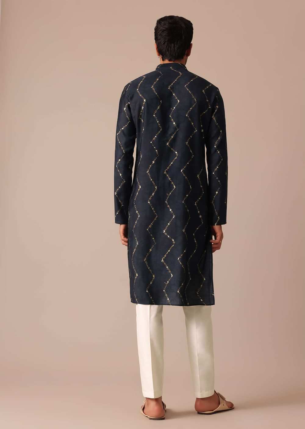 Blue Foil Print Kurta Set With Zig Zag Embroidery