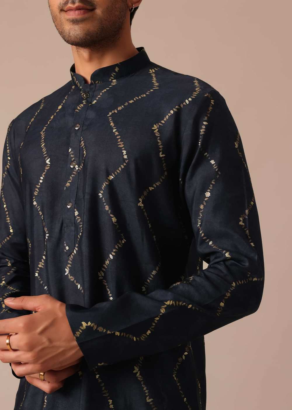 Blue Foil Print Kurta Set With Zig Zag Embroidery