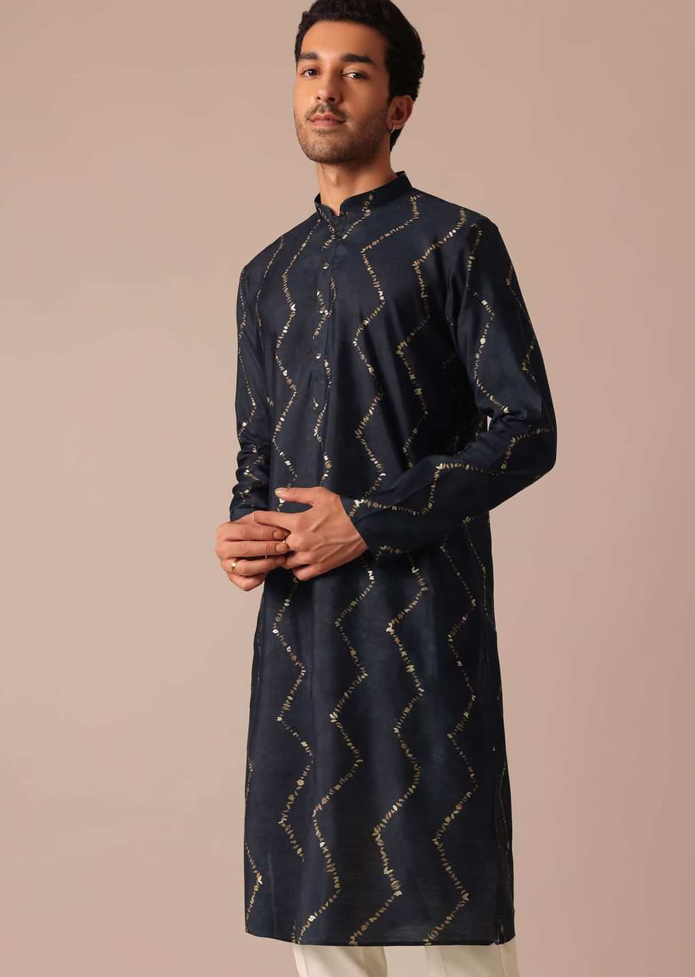 Blue Foil Print Kurta Set With Zig Zag Embroidery