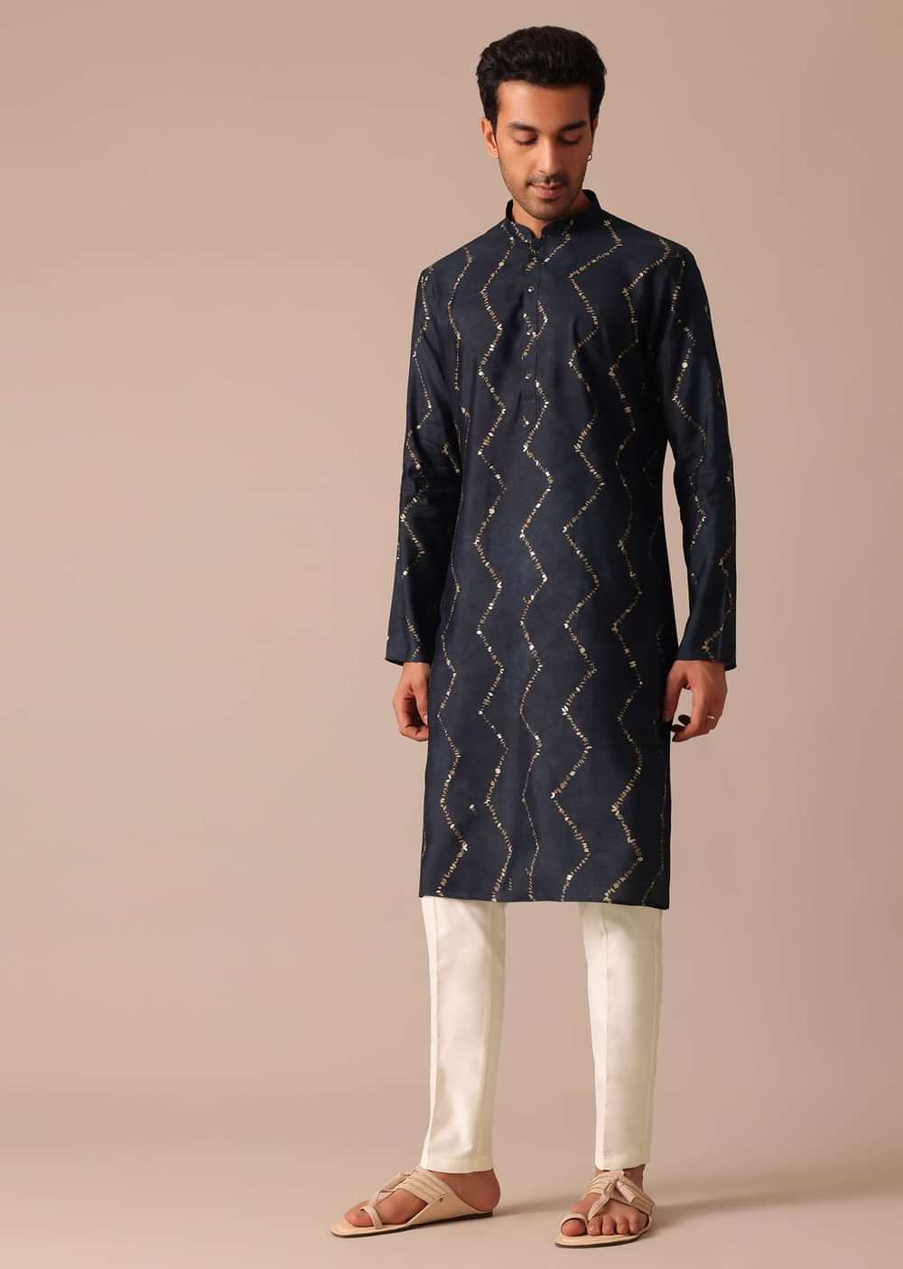 Blue Foil Print Kurta Set With Zig Zag Embroidery