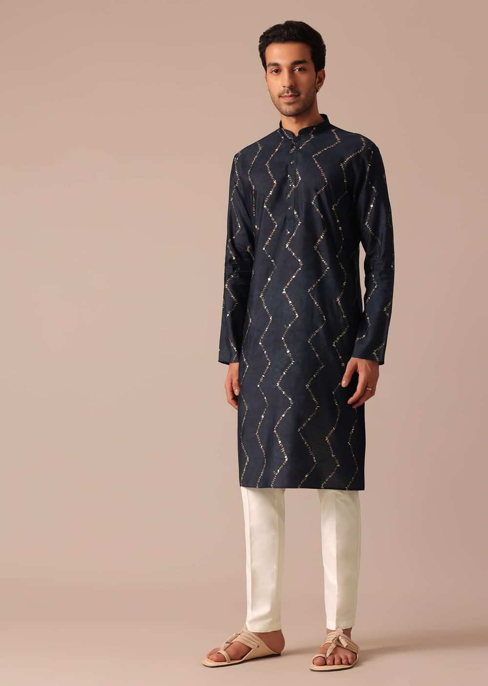 Blue Foil Print Kurta Set With Zig Zag Embroidery