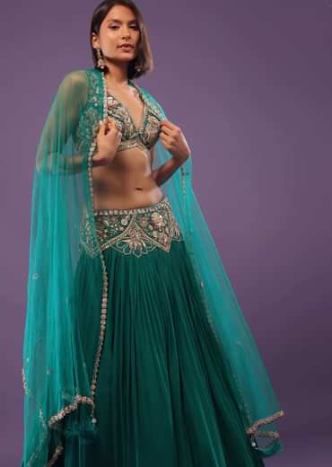 Emerald Green Embroidered Lehenga Set In Georgette