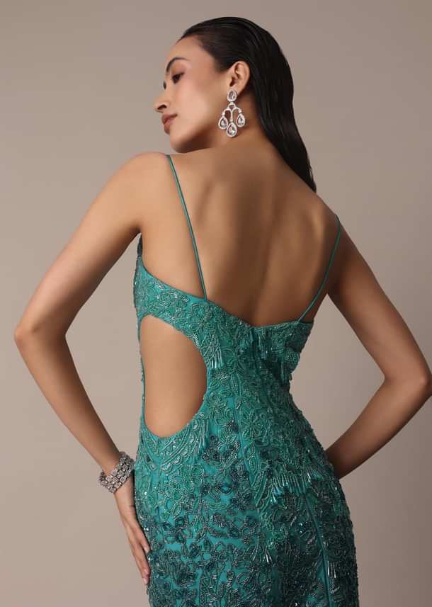 Green Blue Ombre Zardosi Fishcut Draped Gown