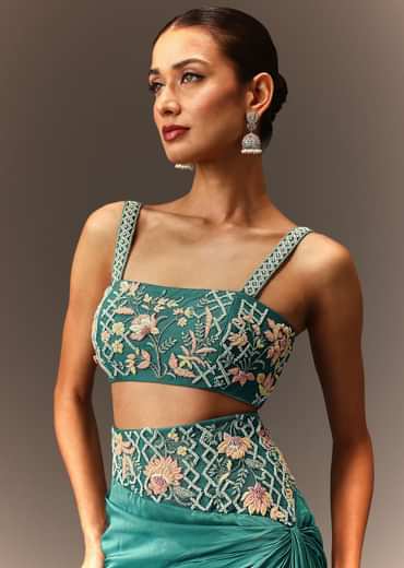 Blue Hand Embroidered Blouse And Drape Skirt With Cape