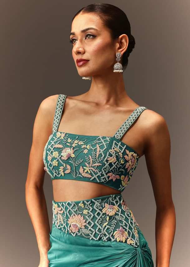 Blue Hand Embroidered Blouse And Drape Skirt With Cape