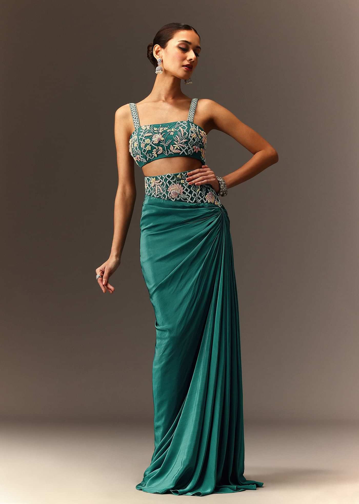 Blue Hand Embroidered Blouse And Drape Skirt With Cape