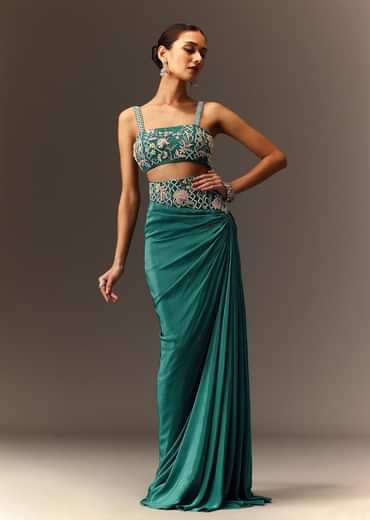 Blue Hand Embroidered Blouse And Drape Skirt With Cape