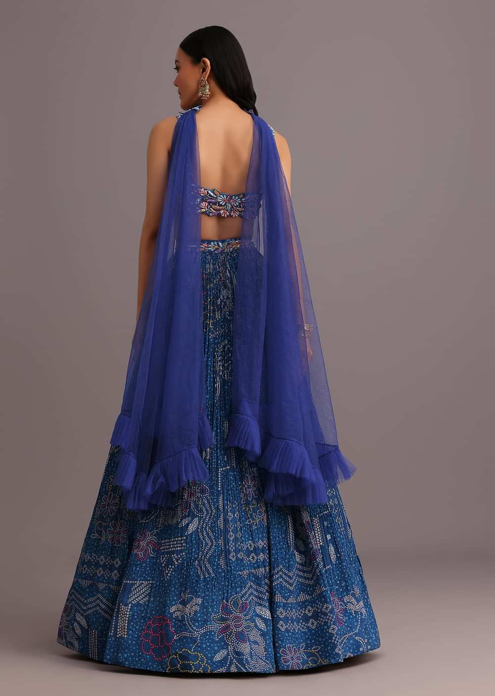 Blue Hand Embroidered Choli With Bandhani Print Lehenga And Choker Net Dupatta